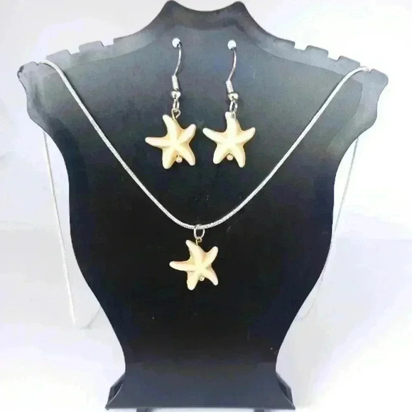 Mom's Island Beads Jewelry - Handcrafted Howlite Turquoise Starfish Necklace and Earrings Set